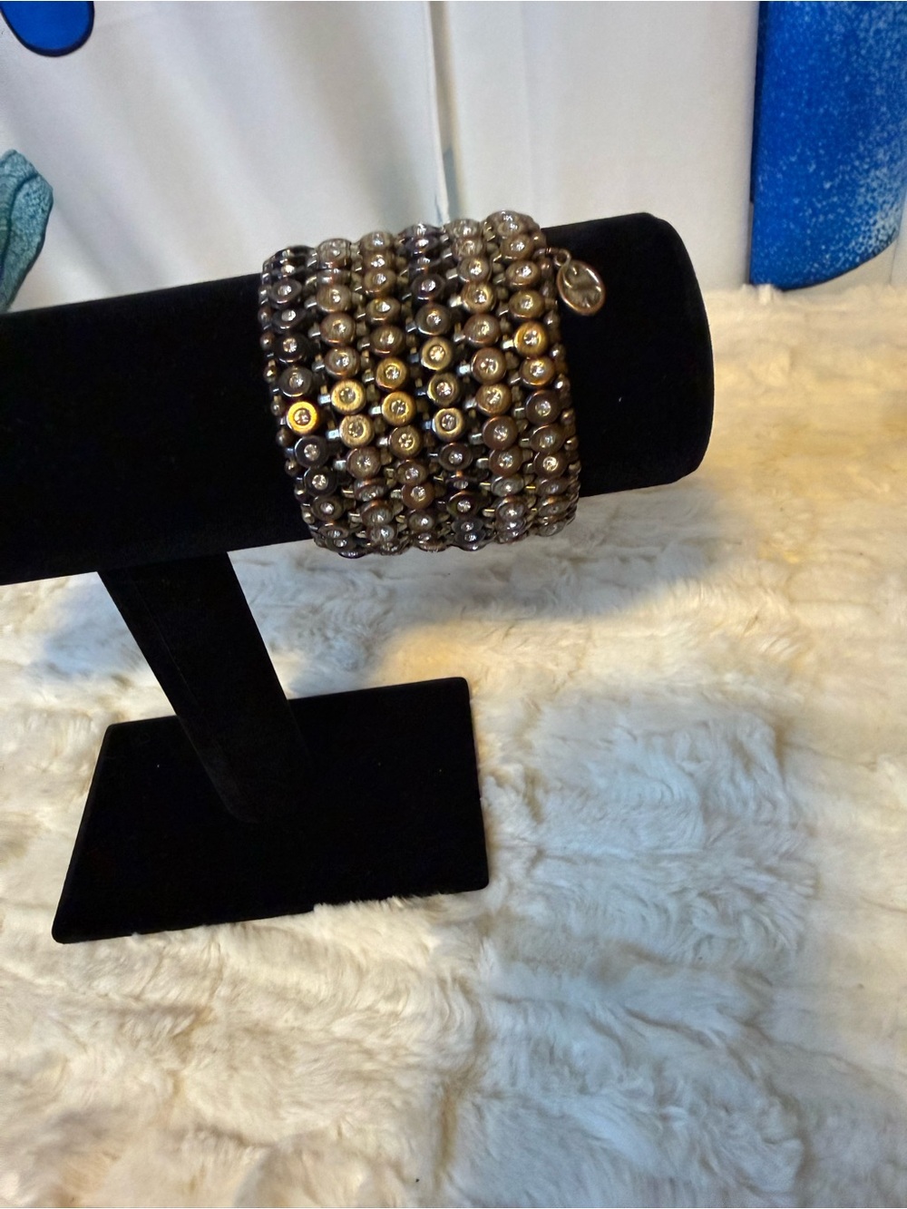 Wide Bronze Tone Rhinestone Multi Row Statement Cuff Bracelet